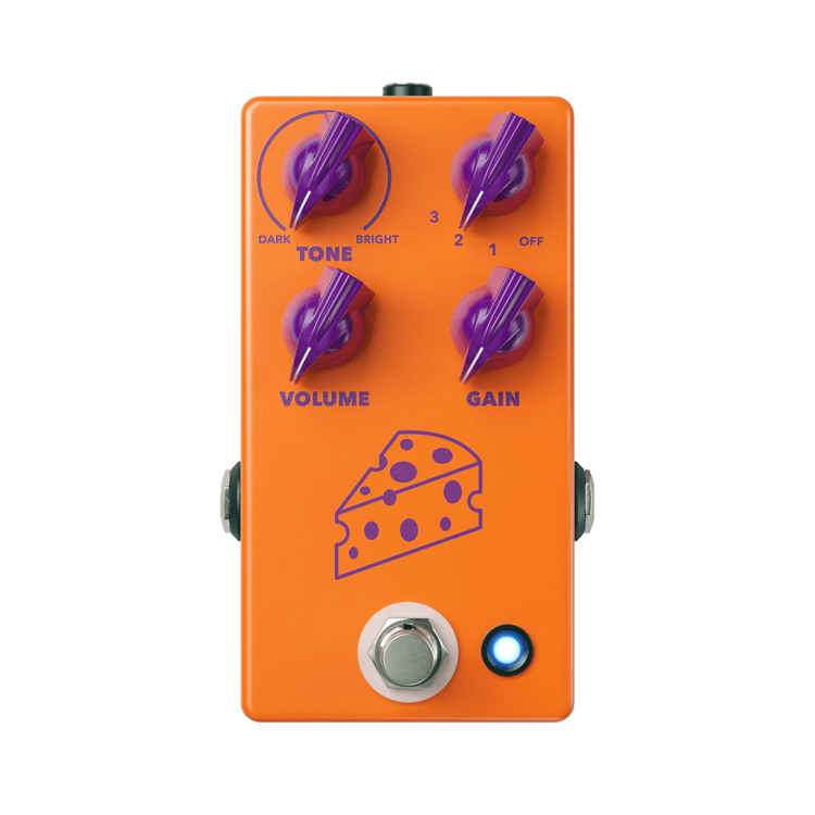 A 1990's JHS orange and purple distortion fuzz pedal with cheese on it, created by the well-known JHS pedal company.
