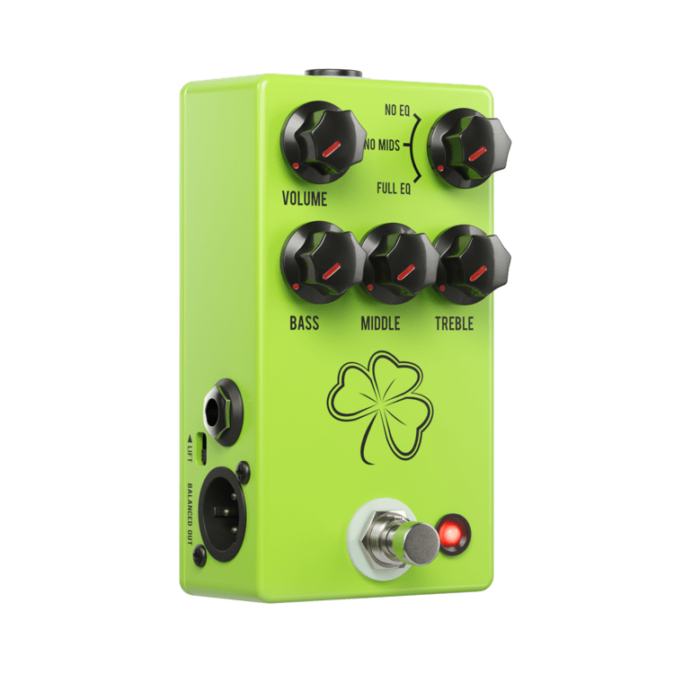 The JHS Shamrock Pedal is a green JHS Clover Preamp EQ Equalizer with four knobs and EQ controls.