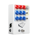A white JHS Colour Box V2 PREAMP / EQ / OVERDRIVE / DISTORTION / FUZZ / DI BOX with red, blue, and yellow buttons. This studio-grade preamplifier also functions as a tone shaping device.