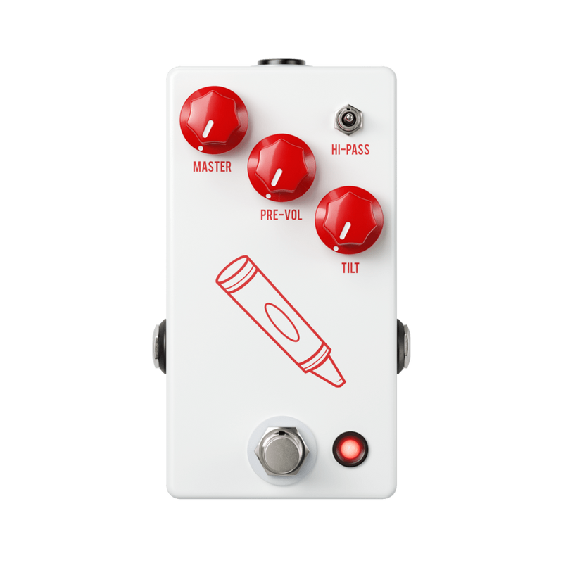 A JHS Crayon Distortion Preamp Fuzz pedal with red buttons on it.