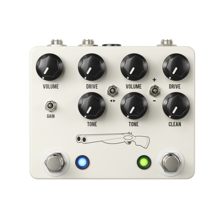 A JHS Double Barrel V4 Overdrive guitar pedal with four tonal knobs.