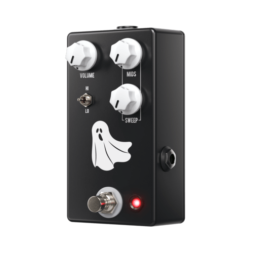 The JHS Haunting Mids Preamp EQ is a black pedal with white buttons that delivers a haunting mids tone and features a sweepable-Mids EQ preamp for a scary good tone.