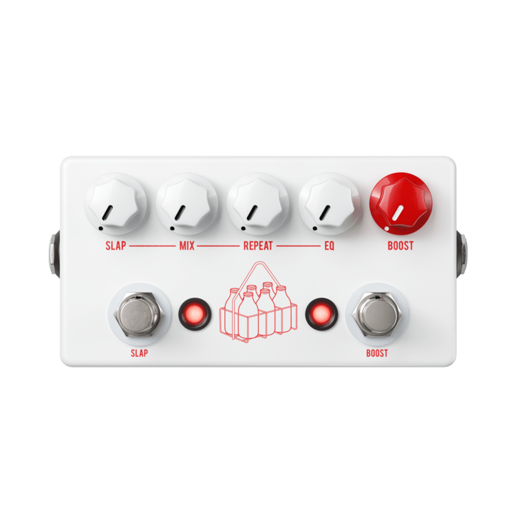 The JHS Pedals Milkman is a clean boost pedal adorned in a sleek white finish, featuring eye-catching red buttons and knobs.