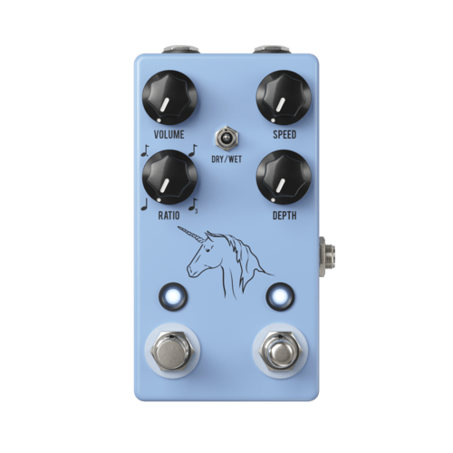 A blue JHS Pedals Unicorn V2 Univibe / Vibrato, featuring a tap tempo function.