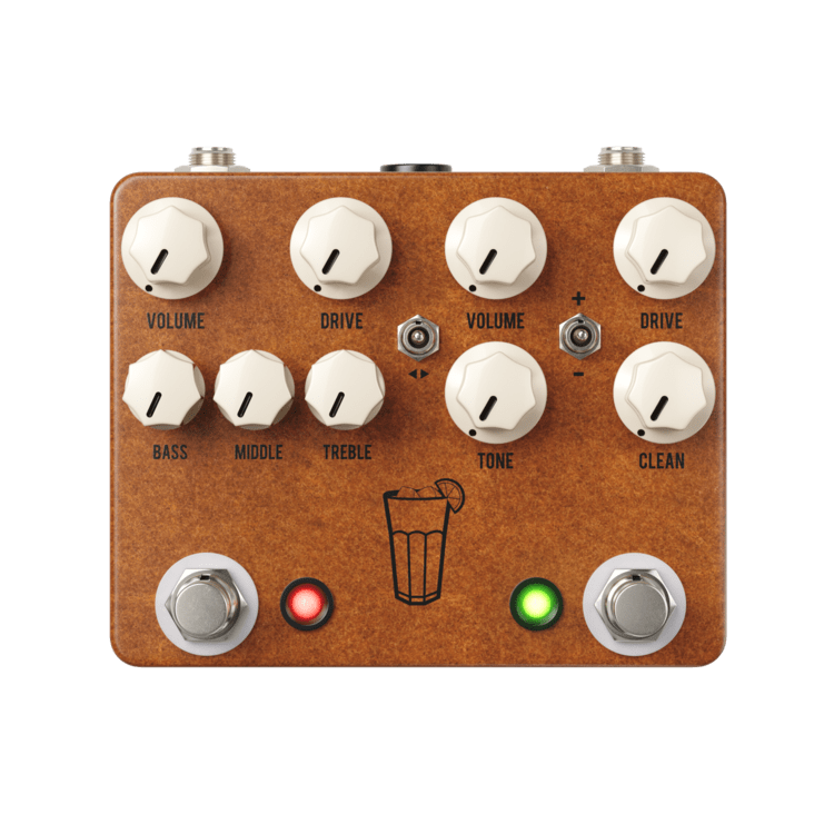 A brown JHS Sweet Tea V3 Overdrive Distortion guitar pedal with buttons and knobs.