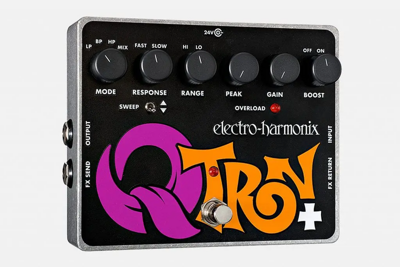 The Electro-Harmonix Q-Tron+ Plus Envelope Filter is a purple and orange effect pedal featuring an Attack Response Switch.