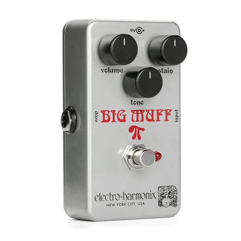 The Electro-Harmonix Ram’s Head Big Muff Pi Distortion Sustainer pedal is shown on a white background, featuring true bypass switching.
