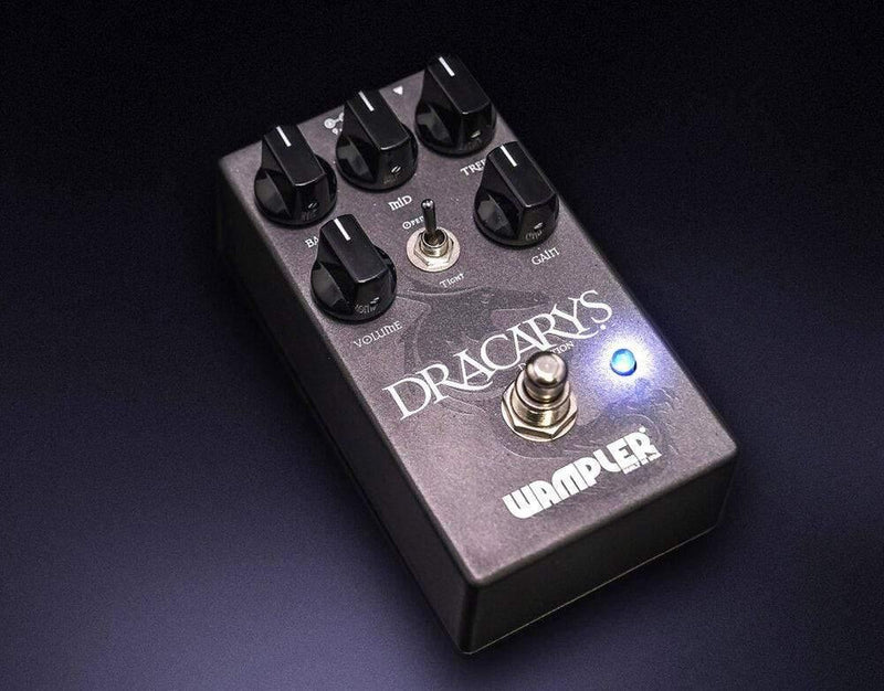 The Wampler Dracarys High Gain Distortion pedal for metal guitarists is displayed against a black background, showcasing its high-gain powerhouse capabilities.